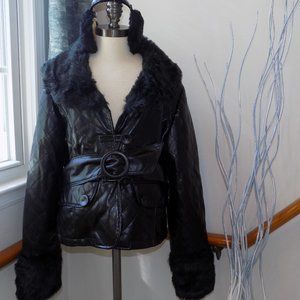 26 INTERNATIONAL Black Faux Leather & Fur Quilted Coat Size Medium